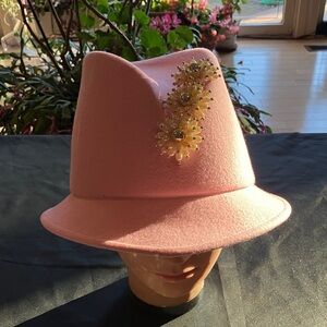 Pink Fedora Hat with Floral Pearl Embellishments